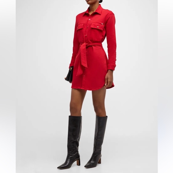 NWT MOTHER Cadet Denim Belted Mini Shirtdress in Haute Red Size M - Picture 2 of 15